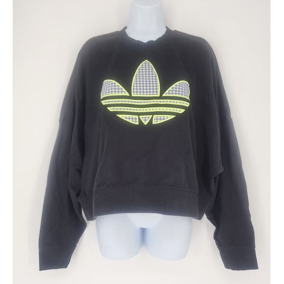 Adidas Trefoil Neon Gingham Logo Cropped Sweatshirt Black Women’s Size L - Picture 8 of 9